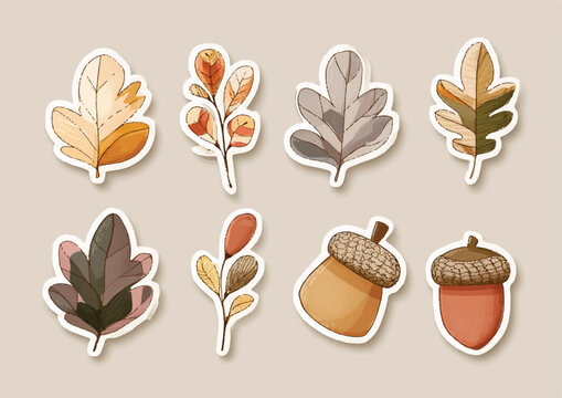 Autumn Foliage and Acorn Sticker Set Vector Illustration for Seasonal Designs and Thanksgiving Crafts and Decor
