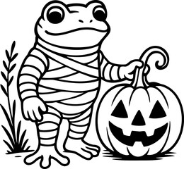 Fototapeta premium Mummy frog standing next to a scary Halloween pumpkin, spooky black and white outline illustration in cute creepy style for seasonal designs