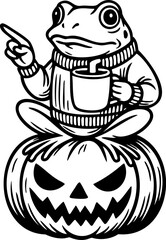Obraz premium Frog sitting on a scary Halloween pumpkin drinking coffee, witchy spooky scene in black and white outline, cute and creepy style illustration for kids and festive decor