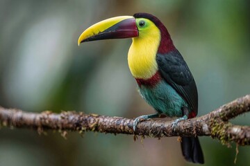 Fototapeta premium Brightly colored toucan perched on a branch in lush rain forest during daylight hours
