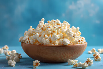 Wooden bowl overflowing with fluffy white popcorn on blue background snack food