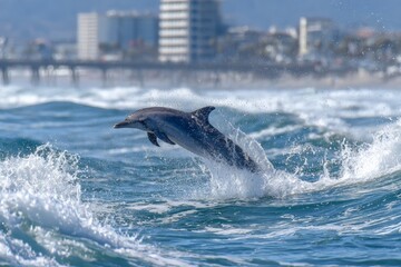 Naklejka premium Dolphin leaps through ocean waves against coastal backdrop in sunny weather during daytime