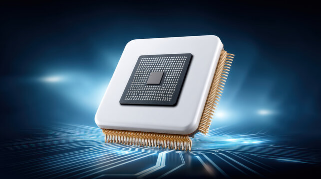 Semiconductor chip with gold pins is shown floating above glowing circuit board symbolizing advanced technology and innovation in electronics