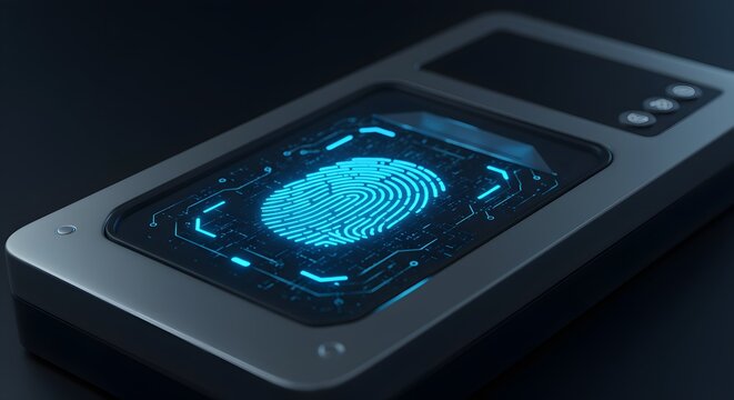 Advanced biometric fingerprint scanner technology with glowing blue digital interface, representing futuristic security and identification