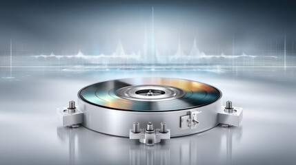 Hard disk drive platter with semiconductor technology reflecting light and digital sound wave in background