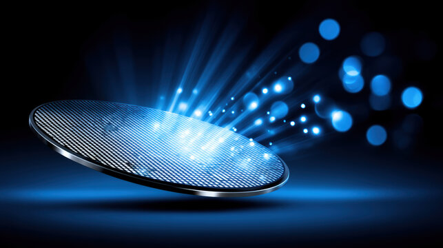 Semiconductor wafer blue light technology circuit chip digital innovation glowing futuristic electronic microchip data transmission