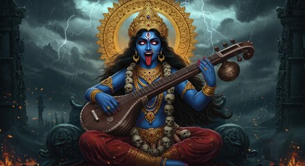 Blue-skinned deity with veena sits on throne against stormy sky, fire at the base, skulls adorning