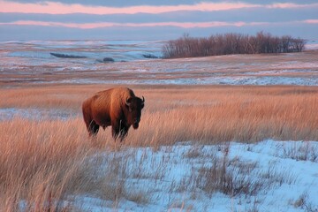 Bison wandering through snow-covered grasslands during sunset in the Great Plains