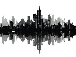 Obraz premium Black and White Cityscape Silhouette Reflected in Water Urban Landscape Architecture with Modern Buildings and Skyscrapers