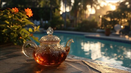 Serene Sunset Tea by the Pool.  A glass teapot filled with amber tea rests on a stone surface beside a sparkling pool at sunset.  Relaxing tropical ambiance