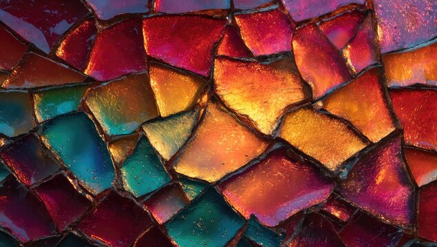 Close-up view of a mosaic of vibrant, irregular shards - Powered by Adobe