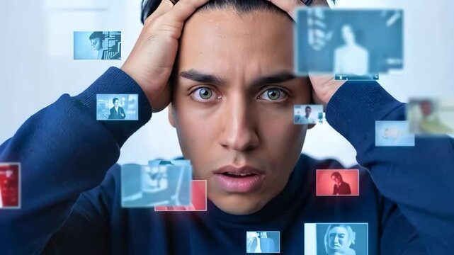 Overwhelmed young Latin male grabbing his head surrounded by information overload