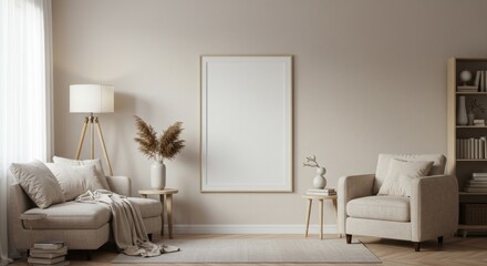 A cozy living room interior with neutral tones, featuring a blank framed picture.