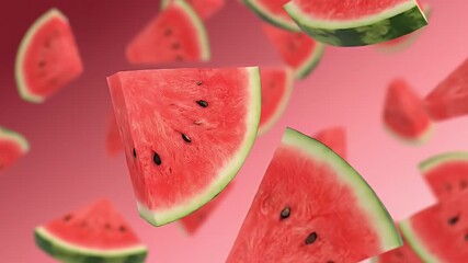 Dynamic Watermelon Slices Falling and Floating Against a Bright Pink to Red Gradient Background Ideal for Summer Refreshing Drinks Healthy Food and Fresh Fruit  - Powered by Adobe