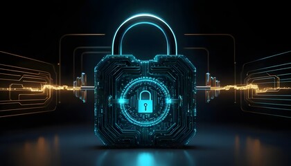 Digital padlock symbolizing cybersecurity and data protection. Futuristic technology background with glowing energy and circuit board elements.