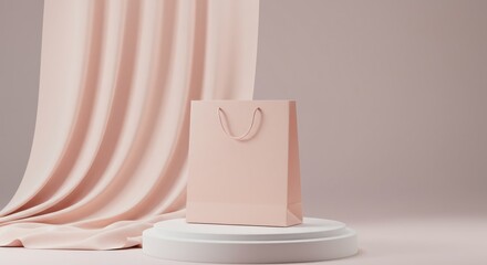 A pink shopping bag displayed on a white pedestal with draped fabric.