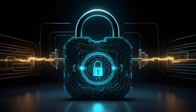 Digital padlock symbolizing cybersecurity and data protection. Futuristic technology background with glowing energy and circuit board elements.