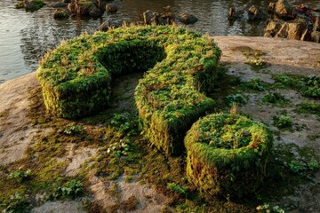 Green question mark sculpture in natural setting near water, highlighting creativity and environmental art