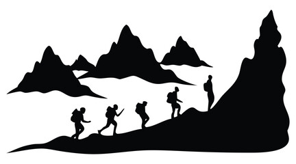 Three Hikers on Sharp Mountain Peak &ndash; Extreme Adventure Silhouette