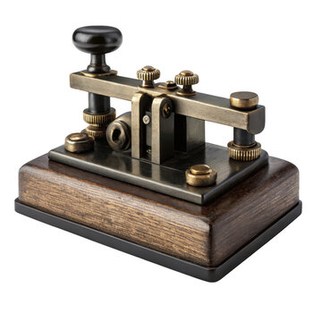 An antique telegraph machine is displayed against a transparent background representing vintage communication technology