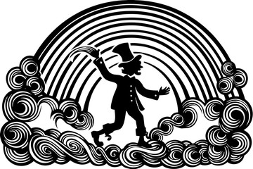 A rainbow color splash behind a silhouetted leprechaun vector illustration