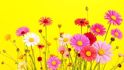 Vibrant field of colorful cosmos flowers against a bright yellow background