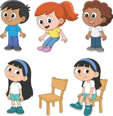 PrintCartoon children standing and sitting, cute kids with chairs, happy expressions, diverse characters, school setting, learning, fun, playful mood.