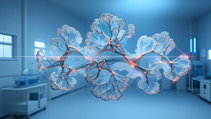 Abstract organic structure with glowing nodes and lines in a modern laboratory setting