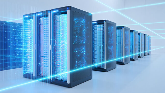 A row of illuminated server racks in a modern data center, representing technology and connectivity