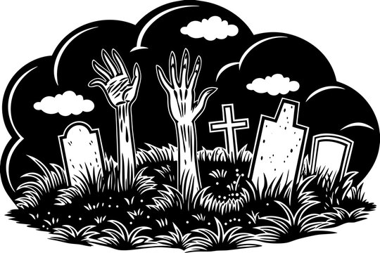 A graveyard scene with undead hands rising from the ground vector illustration - Powered by Adobe