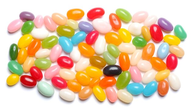 Colorful jelly beans scattered on white background