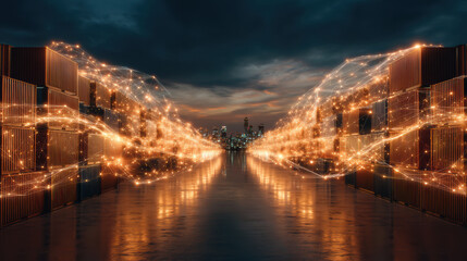 Digital network connections flow over shipping containers port with city skyline background during dusk, symbolizing global trade and technology