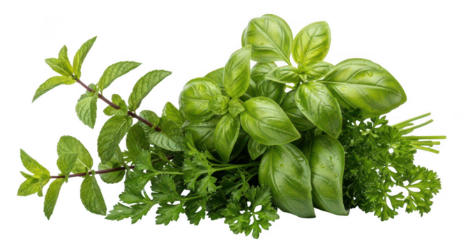 Fresh culinary herbs bunch isolated on transparent background