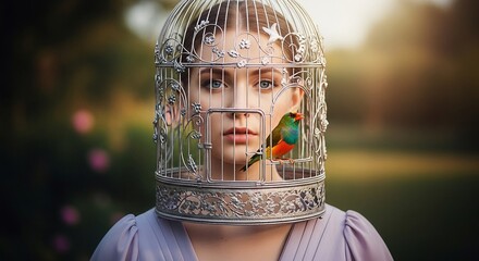 Woman in a Birdcage: Conceptual Portrait of Beauty, Captivity, and Freedom in a Surreal, Dreamlike Setting