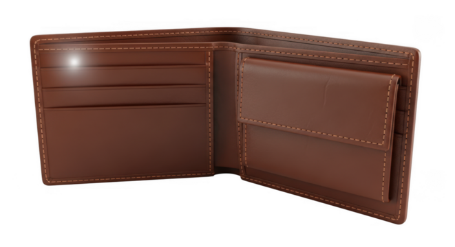 Brown leather bifold wallet open showing card slots and compartments isolated on transparent background