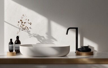 Minimalist bathroom scene with oval sink, black faucet, and sunlight shadows