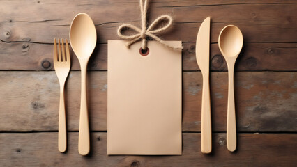 Rustic table setting with wooden utensils and tag on wooden background