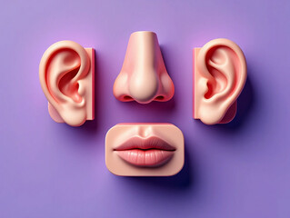 Pink human facial features arranged on purple background face nose