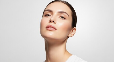 Close-up portrait of a young woman with flawless, glowing skin and natural makeup, looking up