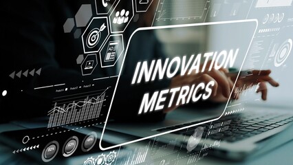 Futuristic Business Analytics Dashboard Displaying Innovation Metrics with Graphs and Icons for Data-Driven Decision Making. Asymptotic smart data analytic.