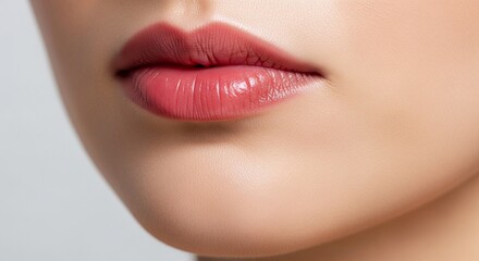 Fototapeta premium Close-up of a woman's glossy pink lips with fine lines, perfectly applied lipstick, soft focus.