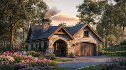 Stone and wood cottage with a sloped roof, archway, and wood garage. Surrounded by trees and flowers, chimney smoke rises in the sunset glow