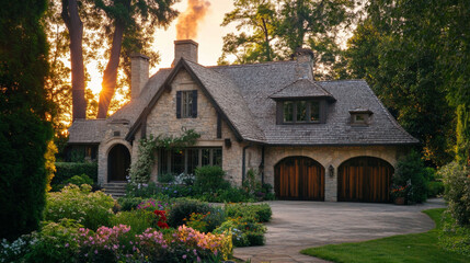 Stone and wood cottage with a sloped roof, archway, and wood garage. Surrounded by trees and flowers, chimney smoke rises in the sunset glow