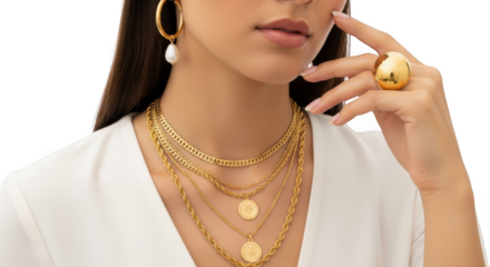 Woman wearing layered gold necklaces, pearl earring, and gold ring isolated on transparent background