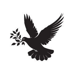 Obraz premium Vector art of a black silhouette of a dove flying with an olive branch in its beak, isolated on a white background, representing peace and hope