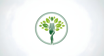 Elegant fork logo design with vibrant green leaves symbolizes fresh organic food and healthy eating, ideal for restaurants, farm to table businesses and nutritional brands