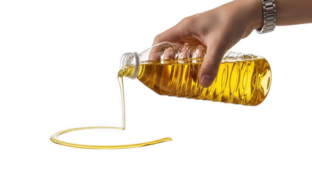 Hand pouring cooking oil from a plastic bottle isolated on transparent background