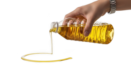 Hand pouring cooking oil from a plastic bottle isolated on transparent background