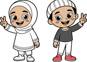 PrintMuslim children cartoon, boy and girl smiling, peace sign pose, traditional clothing, hijab, cap, happy kids, Islamic culture, character design.