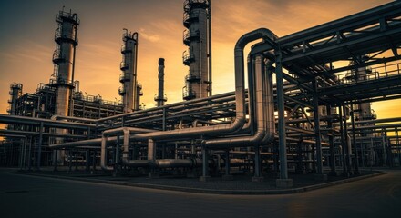 Industrial refinery at sunset.  Metal pipes, towers, and structures dominate the landscape
